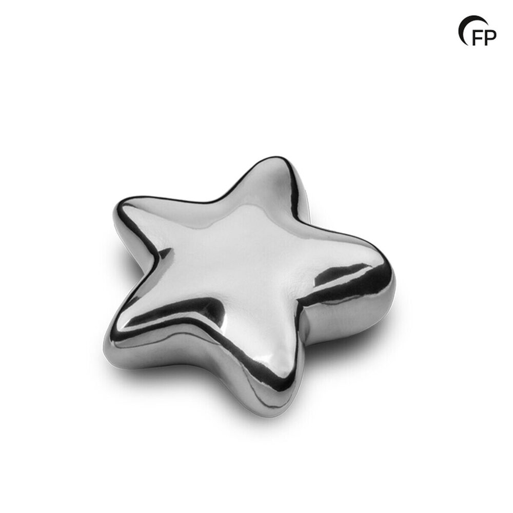 Asteri, kleine keramische urn in de vorm van een ster, zilverkleurig